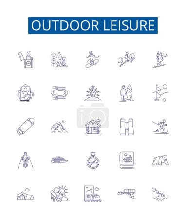 Illustration for Outdoor leisure line icons signs set. Design collection of Camping, Hiking, Fishing, Kayaking, Biking, Swimming, Boating, Climbing outline vector concept illustrations - Royalty Free Image