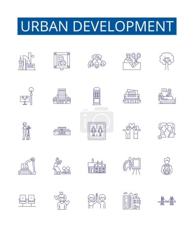 Illustration for Urban development line icons signs set. Design collection of , Urbanization, Planning, Infrastructure, Transportation, Neighborhoods, Growth, Gentrification outline vector concept illustrations - Royalty Free Image
