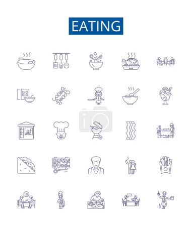 Illustration for Eating line icons signs set. Design collection of Munching, Scoffing, Chewing, Binging, Nourishing, Nibbling, Bolting, Savouring outline vector concept illustrations - Royalty Free Image
