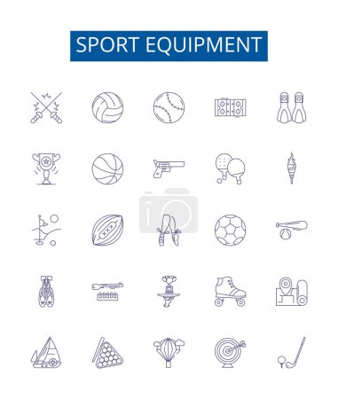 Illustration for Sport equipment line icons signs set. Design collection of Gear, Balls, Racquets, Nets, Footwear, Headgear, Helmets, Padding outline vector concept illustrations - Royalty Free Image