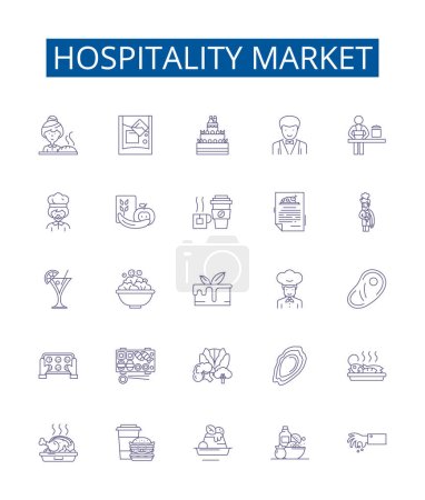 Illustration for Hospitality market line icons signs set. Design collection of Hotel, Resort, Tourism, Foodservice, Hospitality, Hospitality Industry, Hospitality Management, Hospitality Services outline vector - Royalty Free Image