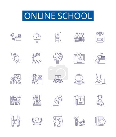 Illustration for Online school line icons signs set. Design collection of E learning, Virtual, Online, Academy, Classes, Tutoring, Courses, Instruction outline vector concept illustrations - Royalty Free Image