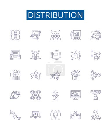 Illustration for Distribution line icons signs set. Design collection of Distribute, Disseminate, Allocate, Circulate, Divide, Share, Deploy, Apportion outline vector concept illustrations - Royalty Free Image
