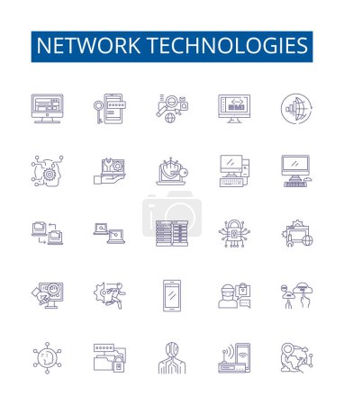 Illustration for Network technologies line icons signs set. Design collection of Networking, Technologies, LAN, WAN, Routers, Switches, Bridges, Modems outline vector concept illustrations - Royalty Free Image