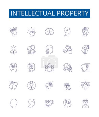 Illustration for Intellectual property line icons signs set. Design collection of IP, Inventions, Patents, Trademarks, Copyright, Infrastructure, Ideas, Know-how outline vector concept illustrations - Royalty Free Image