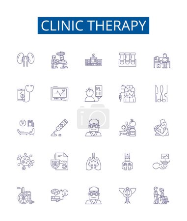 Illustration for Clinic therapy line icons signs set. Design collection of Therapy, Clinic, Psychotherapy, Reiki, Counselling, Acupuncture, Naturopathy, Chiropractic outline vector concept illustrations - Royalty Free Image