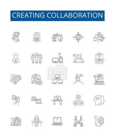 Illustration for Creating collaboration line icons signs set. Design collection of Cooperating, Uniting, Pooling, Teaming, Synchronizing, Syncing, Bonding, Joining outline vector concept illustrations - Royalty Free Image