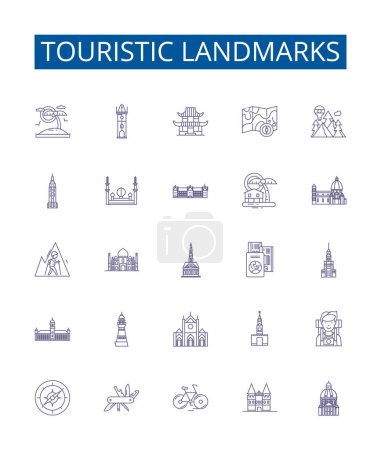 Illustration for Touristic landmarks line icons signs set. Design collection of Tourist, Landmarks, Monuments, Palaces, Churches, Castles, Ruins, Statues outline vector concept illustrations - Royalty Free Image