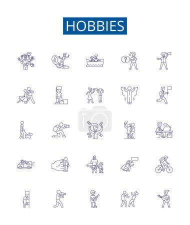 Hobbys stellen Symbole auf. Design-Kollektion von Basteln, Malen, Lesen, Gärtnern, Spielen, Kochen, Tanzen, Shopping Outline Vektor Concept Illustrationen