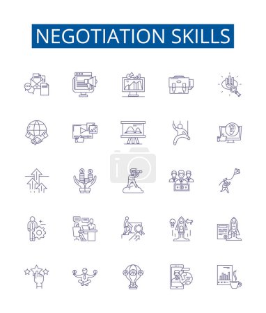 Illustration for Negotiation skills line icons signs set. Design collection of Negotiation, Skills, Facilitation, Persuasion, Compromise, Mediation, Analyzing, Listening outline vector concept illustrations - Royalty Free Image