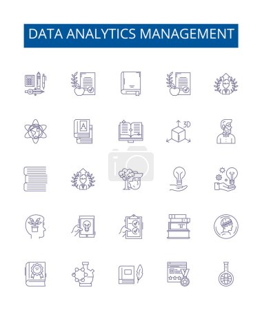 Data analytics management line icons signs set. Design collection of Data, Analytics, Management, Automation, Discovery, Mining, Reporting, Analysis outline vector concept illustrations