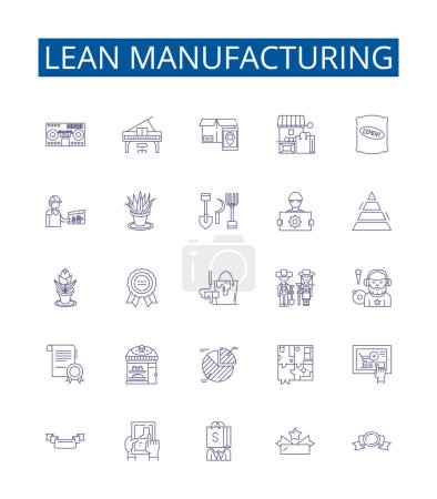 Illustration for Lean manufacturing line icons signs set. Design collection of Six Sigma, Lean, Kaizen, JIT, TPS, Kanban, 5S, Visual Management outline vector concept illustrations - Royalty Free Image