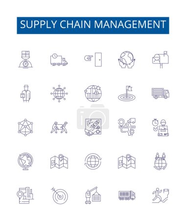 Illustration for Supply chain management line icons signs set. Design collection of Sourcing, Logistics, Inventory, Procurement, Distribution, Flow, Quality, Processes outline vector concept illustrations - Royalty Free Image