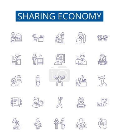 Illustration for Sharing economy line icons signs set. Design collection of Collaborative, Bartering, Exchange, Platforms, Networking, Connecting, Carsharing, Homesharing outline vector concept illustrations - Royalty Free Image