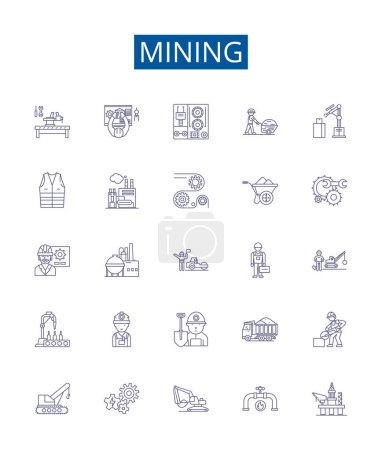 Illustration for Mining line icons signs set. Design collection of Extracting, Digging, Unearthing, Uncovering, Drilling, Essaying, Quarrying, Panning outline vector concept illustrations - Royalty Free Image