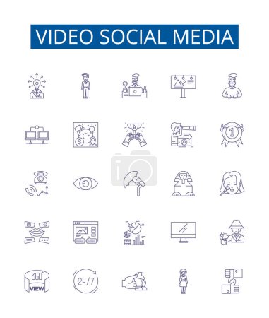 Illustration for Video social media line icons signs set. Design collection of Vlogging, Streaming, StreamingLive, VideoSharing, Videoconferencing, Collaboration, Networking, Connecting outline vector concept - Royalty Free Image