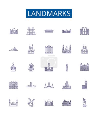 Illustration for Landmarks line icons signs set. Design collection of Monuments, Statues, Structures, Buildings, Palaces, Ruins, Temples, Architecture outline vector concept illustrations - Royalty Free Image
