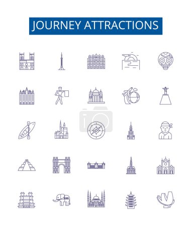 Journey attractions line icons signs set. Design collection of Destinations, Sightseeing, Adventure, Exploration, Escapade, Touring, Roam, Excursion outline vector concept illustrations