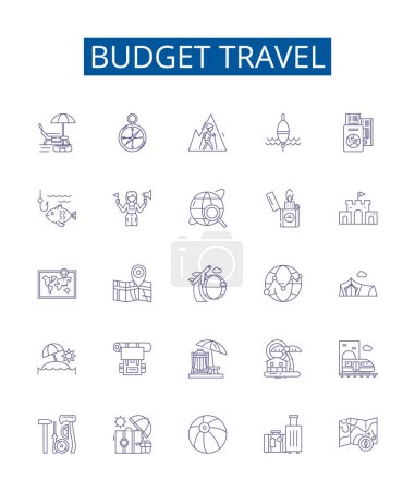 Illustration for Budget travel line icons signs set. Design collection of Cheap, Budget, Affordable, Frugal, Economy, Discount, Pursue, Thrifty outline vector concept illustrations - Royalty Free Image