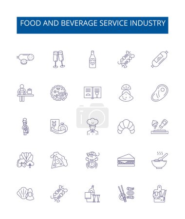 Illustration for Food and beverage service industry line icons signs set. Design collection of Dining, Beverage, Cuisine, Catering, Snacks, Bars, Restaurants, Banqueting outline vector concept illustrations - Royalty Free Image