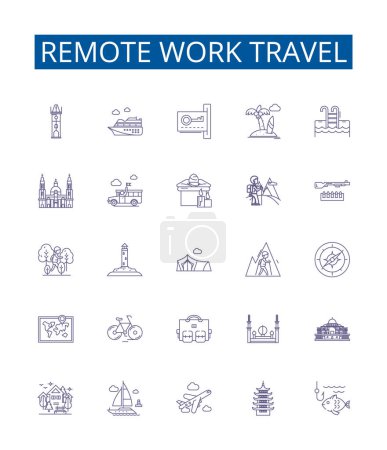 Illustration for Remote work travel line icons signs set. Design collection of Remote, Work, Travel, Remote-Work, Remote-Travel, Working-Remotely, Remotely-Traveling, Telecommuting outline vector concept illustrations - Royalty Free Image