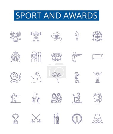 Illustration for Sport and awards line icons signs set. Design collection of Sports, Awards, Competition, Medals, Trophies, Champions, Records, Excellence outline vector concept illustrations - Royalty Free Image