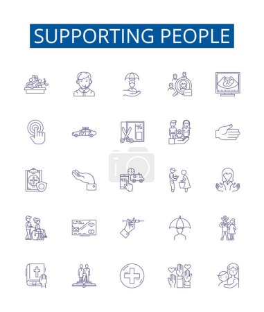 Illustration for Supporting people line icons signs set. Design collection of Aid, Uplift, Assisting, Easing, Comforting, Nurturing, Championing, Helping outline vector concept illustrations - Royalty Free Image