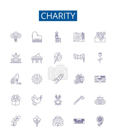 Illustration for Charity line icons signs set. Design collection of Giving, Kindness, Philanthropy, Donate, Nonprofit, Benevolence, Helping, Support outline vector concept illustrations - Royalty Free Image