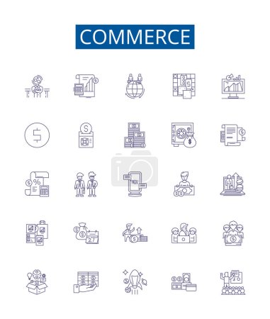 Illustration for Commerce line icons signs set. Design collection of Trading, Exporting, Importing, Retailing, Selling, Buying, Marketing, Shipping outline vector concept illustrations - Royalty Free Image