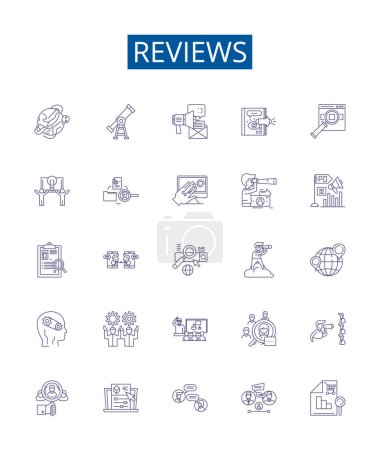 Illustration for Reviews line icons signs set. Design collection of Reviews, Comment, Feedback, Analysis, Evaluate, Judge, Perception, Appraise outline vector concept illustrations - Royalty Free Image