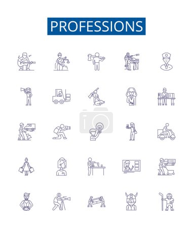 Illustration for Professions line icons signs set. Design collection of Job, Craft, Occupation, Profession, Vocation, Artisan, Specialist, Field outline vector concept illustrations - Royalty Free Image