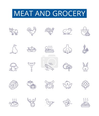 Illustration for Meat and grocery line icons signs set. Design collection of Meat, Grocery, Butcher, Poultry, Produce, Beef, Pork, Ham outline vector concept illustrations - Royalty Free Image