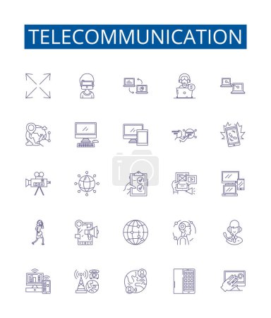 Illustration for Telecommunication line icons signs set. Design collection of Telecom, Networking, Communication, Transmission, Wireless, VoIP, Radio, Antenna outline vector concept illustrations - Royalty Free Image