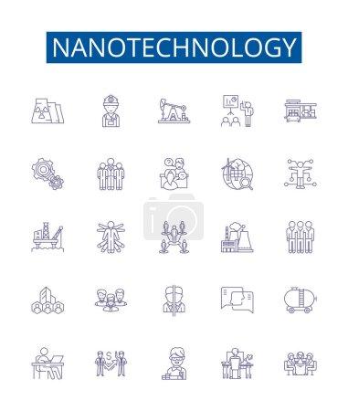 Illustration for Nanotechnology line icons signs set. Design collection of Nano, Technology, Nanomaterials, Nanoparticles, Nanoelectronics, Nanomedicine, Nanobots, Nanofabrication outline vector concept illustrations - Royalty Free Image