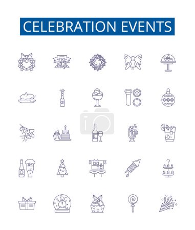 Illustration for Celebration events line icons signs set. Design collection of Festivities, Fete, Gala, Jubilee, Occasion, Ceremony, Carnival, Pageant outline vector concept illustrations - Royalty Free Image