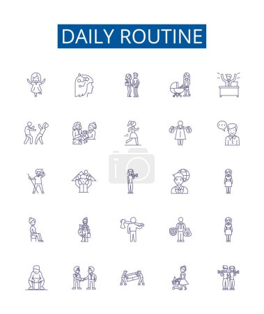 Illustration for Daily routine line icons signs set. Design collection of Wake, Eat, Work, Study, Exercise, Play, Socialize, Sleep outline vector concept illustrations - Royalty Free Image