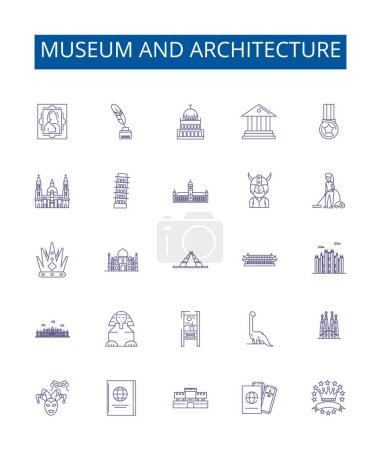 Illustration for Museum and architecture line icons signs set. Design collection of Museum, Architecture, Exhibition, Historic, Art, Antiquities, Relic, Heritage outline vector concept illustrations - Royalty Free Image