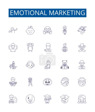Illustration for Emotional marketing line icons signs set. Design collection of Engaging, Captivating, Intriguing, Inspirational, Endearing, Empathic, Resonant, Appealing outline vector concept illustrations - Royalty Free Image