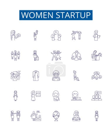 Illustration for Women startup line icons signs set. Design collection of Female, Entrepreneur, Venture, Company, Business, Innovate, Investment, Founder outline vector concept illustrations - Royalty Free Image