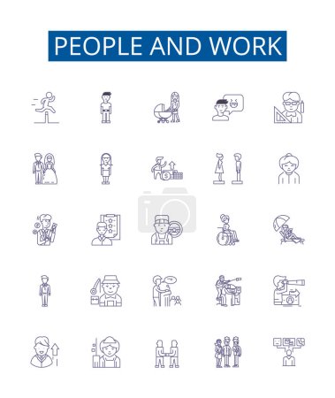 Illustration for People and work line icons signs set. Design collection of Workers, Human, Employment, Colleagues, Job, Professionals, Employees, Staff outline vector concept illustrations - Royalty Free Image