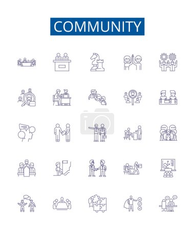 Illustration for Community line icons signs set. Design collection of Society, Fellowship, Network, Clan, Congregation, Group, Alliance, Tribe outline vector concept illustrations - Royalty Free Image