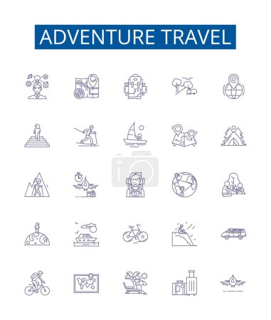 Illustration for Adventure travel line icons signs set. Design collection of Hiking, Trekking, Canoeing, Camping, Skiing, Kayaking, Rafting, Climbing outline vector concept illustrations - Royalty Free Image