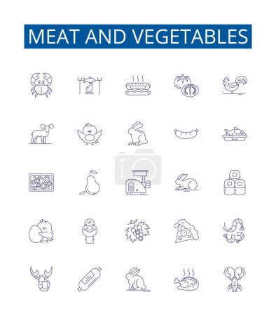 Illustration for Meat and vegetables line icons signs set. Design collection of meat, vegetables, protein, nutrition, diet, health, wellness, cooking outline vector concept illustrations - Royalty Free Image
