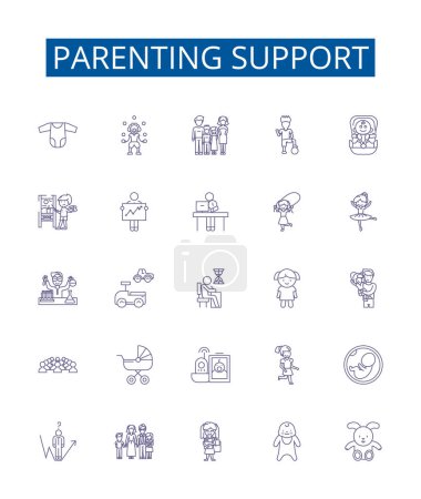 Illustration for Parenting support line icons signs set. Design collection of Guidance, Backing, Nurturing, Mentoring, Counsel, Instructing, Encouraging, Uplifting outline vector concept illustrations - Royalty Free Image