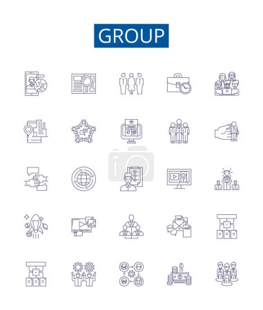Illustration for Group line icons signs set. Design collection of Collective, Crowd, Clique, Congregation, Conglomeration, Fraternity, Entourage, Union outline vector concept illustrations - Royalty Free Image