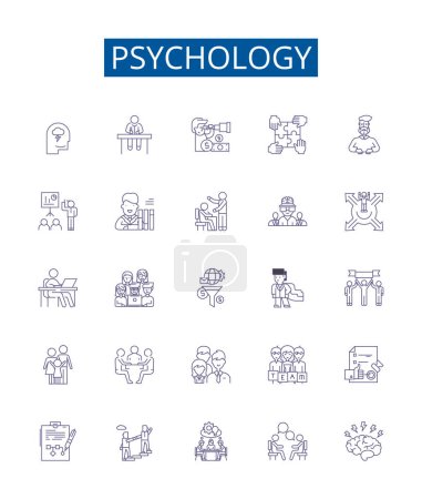 Línea de psicología iconos signos establecidos. Diseño de la colección de Psicología, Mente, Cerebro, Emociones, Comportamiento, Cognición, Desarrollo, Personalidad esquema vector concepto ilustraciones