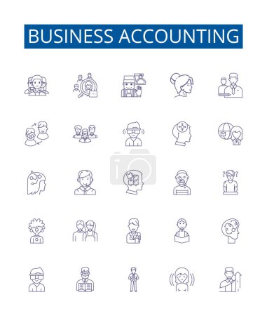 Illustration for Business accounting line icons signs set. Design collection of Accounting, Business, Finance, Bookkeeping, Ledger, Reconciliation, Chart, Bank outline vector concept illustrations - Royalty Free Image