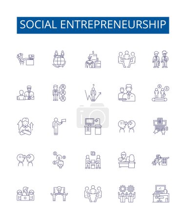 Illustration for Social entrepreneurship line icons signs set. Design collection of Social, Entrepreneurship, Networking, Initiative, Impact, Community, Charitable, Empowerment outline vector concept illustrations - Royalty Free Image