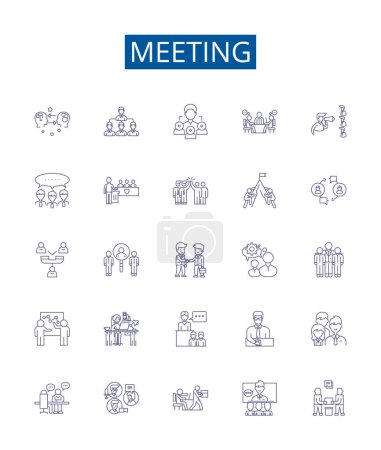Illustration for Meeting line icons signs set. Design collection of Gathering, Conclave, Conference, Reunion, Forum, Dialogue, Congress, Colloquium outline vector concept illustrations - Royalty Free Image