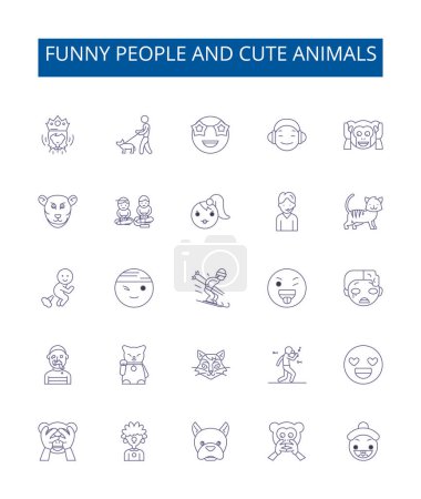 Illustration for Funny people and cute animals line icons signs set. Design collection of Humorous, Furry, Adorable, Amusing, Grinning, Playful, Charming, Cheerful outline vector concept illustrations - Royalty Free Image